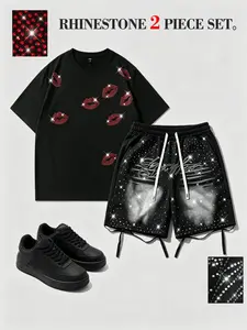 Men's Rhinestone Two-Piece Sports Set, Lip Diamond Round Neck Short Sleeve T-Shirt + Glitter Letter Drawstring Shorts, Oversized Streetwear