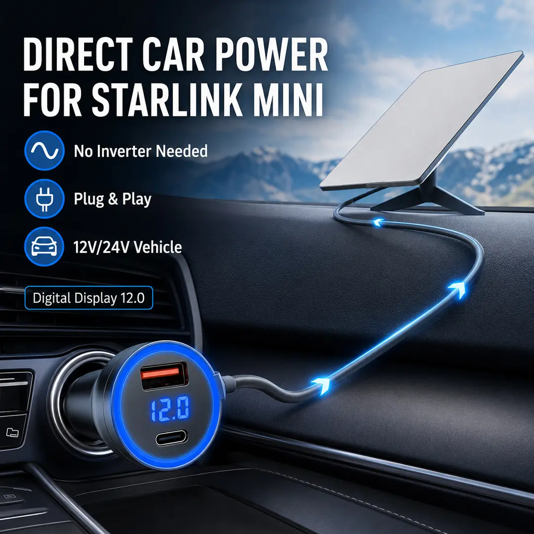 Starlink Mini Car Power Cable 3M/9.8FT, 12V/24V Direct DC Power Cord with Voltage Display & USB-C PD Ports, No Inverter Needed for RV Camping Overland, Car Socket Adapter, Voltage Meter