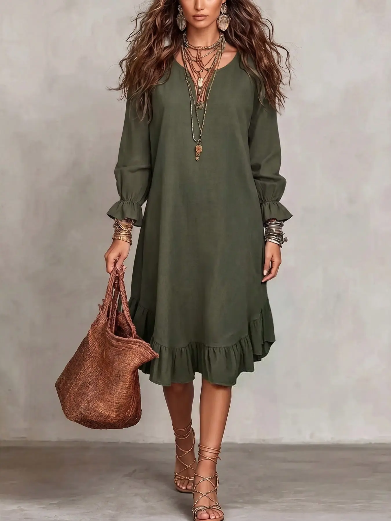 Women's Bohemian Style Dress, Long Sleeve Round Neck A-Line, Ruffle Hem and Flare Sleeves, Elegant Short Dress for Spring Fall, Boho