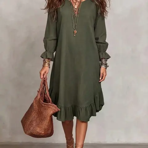 Women's Bohemian Style Dress, Long Sleeve Round Neck A-Line, Ruffle Hem and Flare Sleeves, Elegant Short Dress for Spring Fall, Boho