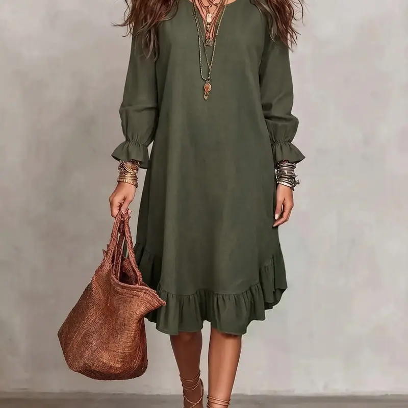 Women's Bohemian Style Dress, Long Sleeve Round Neck A-Line, Ruffle Hem and Flare Sleeves, Elegant Short Dress for Spring Fall, Boho