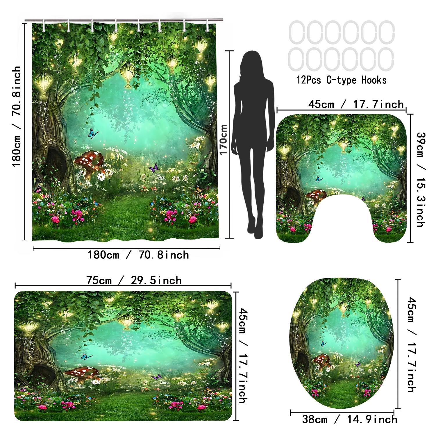 Forest Flowers Tree Pattern Shower Curtain Set, 1 Count Shower Curtain/4 Counts Shower Curtain & Toilet Mat & Bath Mat & Toilet Lid Cover Set, Bathroom Shower Equipment, Bathroom Decor Supplies for Home Dormitory Hotel Salon