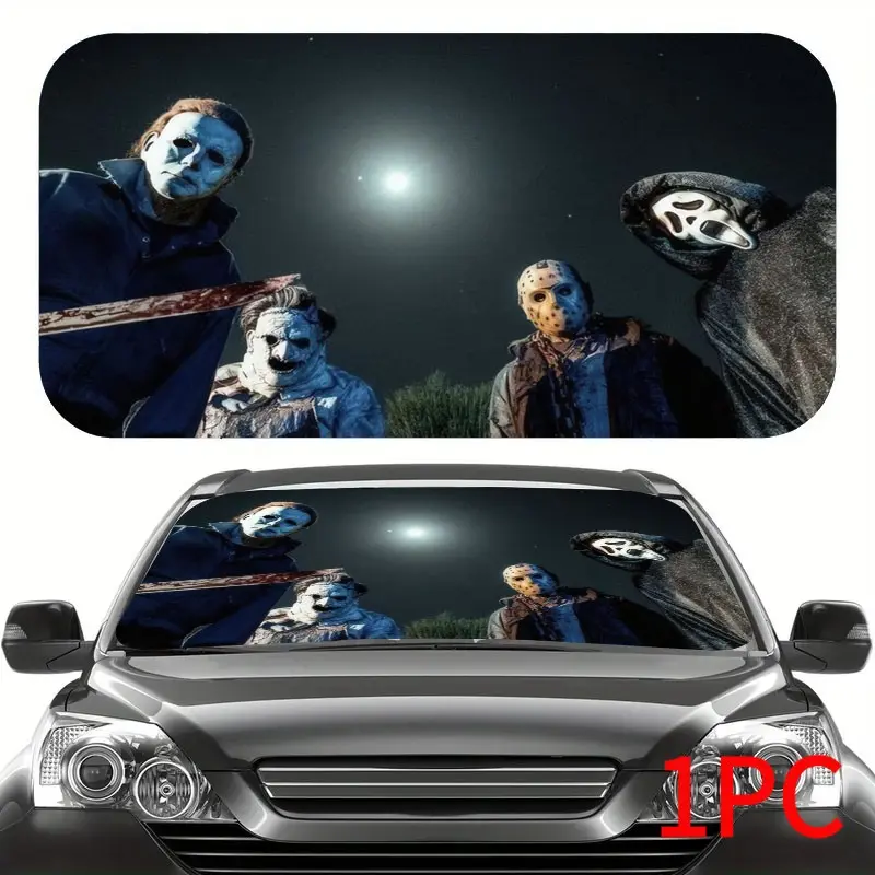 Halloween Theme Sun Visor for Horror Movie Lovers, Foldable UV Protection Car Windshield Shade, Summer Driving Sunshade for Cars Suv Trucks