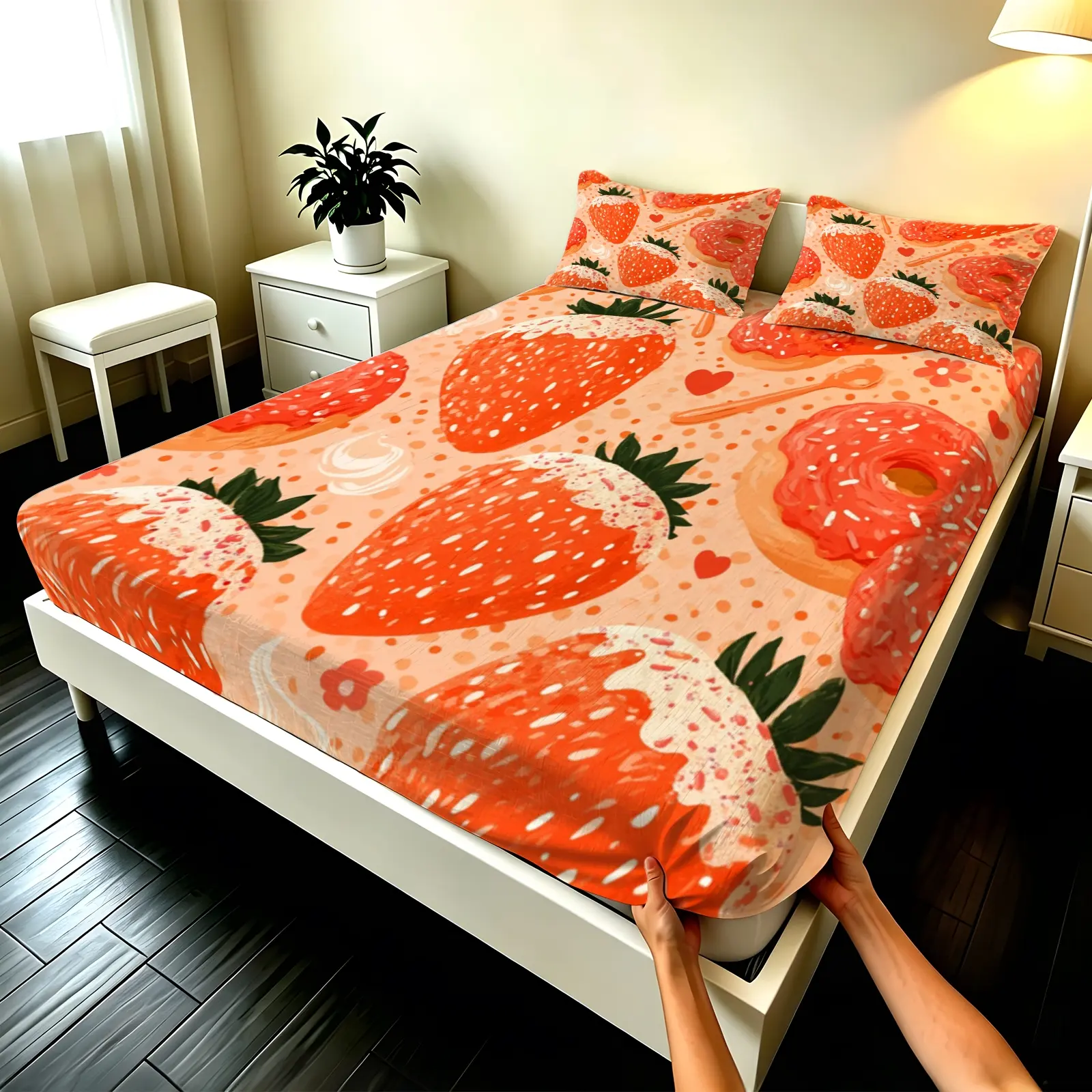 3pcs Fitted sheet Strawberry Donut Print Soft Microfiber Theme Bedding Set, Breathable Wrinkle Resistant Fade Proof Comfortable Bed Cover Set for Bedroom Dorm Home, Fits Twin Full Queen King Cal King Size