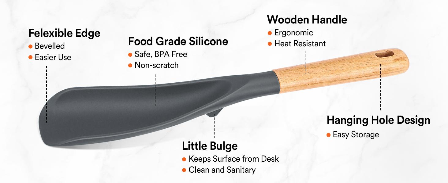 Cooking Spoon for Nonstick Cookwares, for Cooking and Serving Sturdy BPA-Free Matte Silicone, Wood Handle Spoon for Mixing, Scoop, and Scrape (Black & Grey, 11.4 inch)