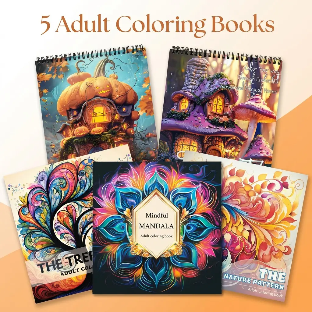 5 Pcs Adult Coloring Books, Premium Thick No Bleed Paper, Stress Relief Mindfulness Meditation Art Gift, Abstract Nature Patterns, for Adults & Seniors