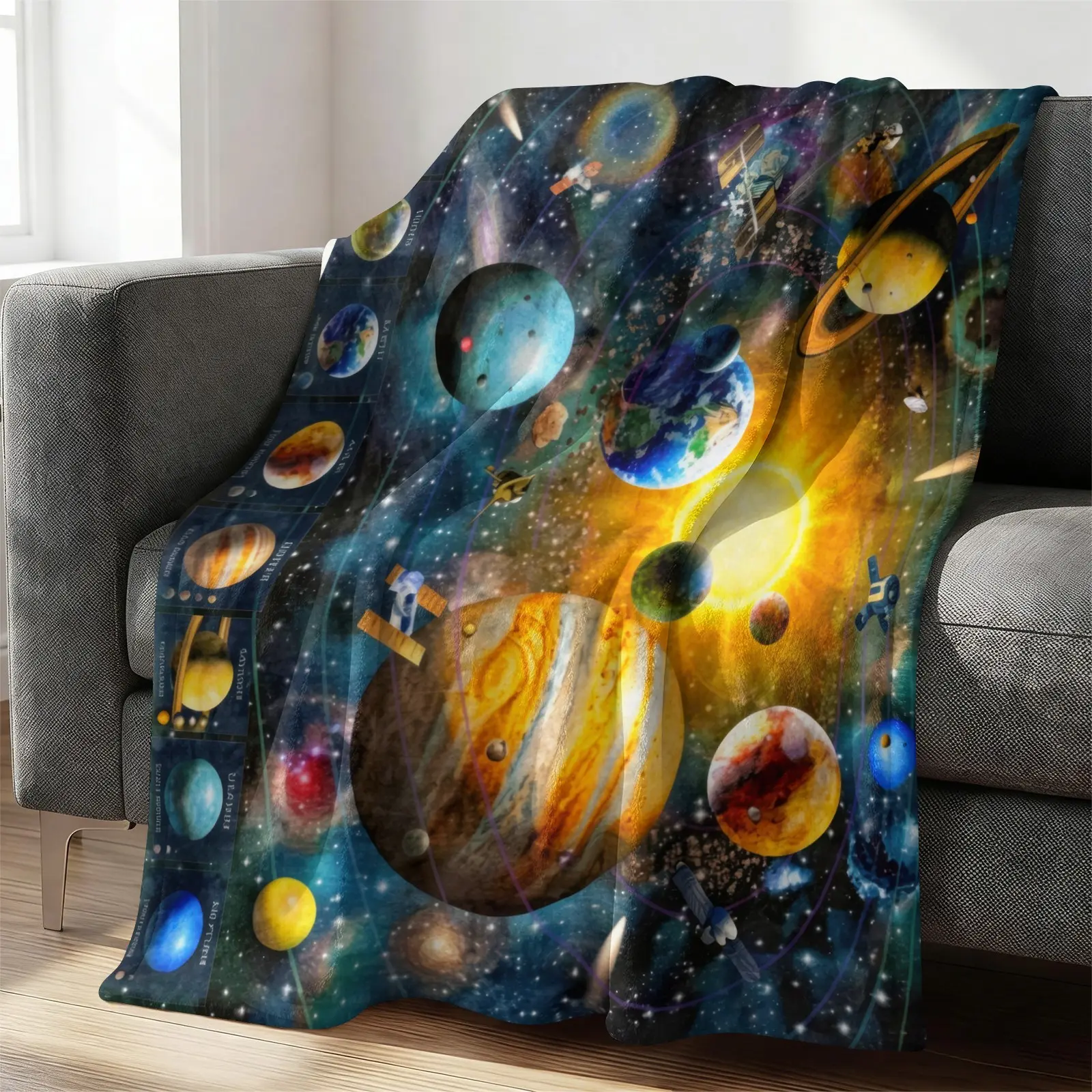 Dreamy Galaxy Solar System Viral Blanket, Cosmic Star & Spacecraft Printed Sofa Throw Blanket, Warm All-Season Blanket for Dormitory, Space Style Plush Blanket for Room Decoration & Shooting
