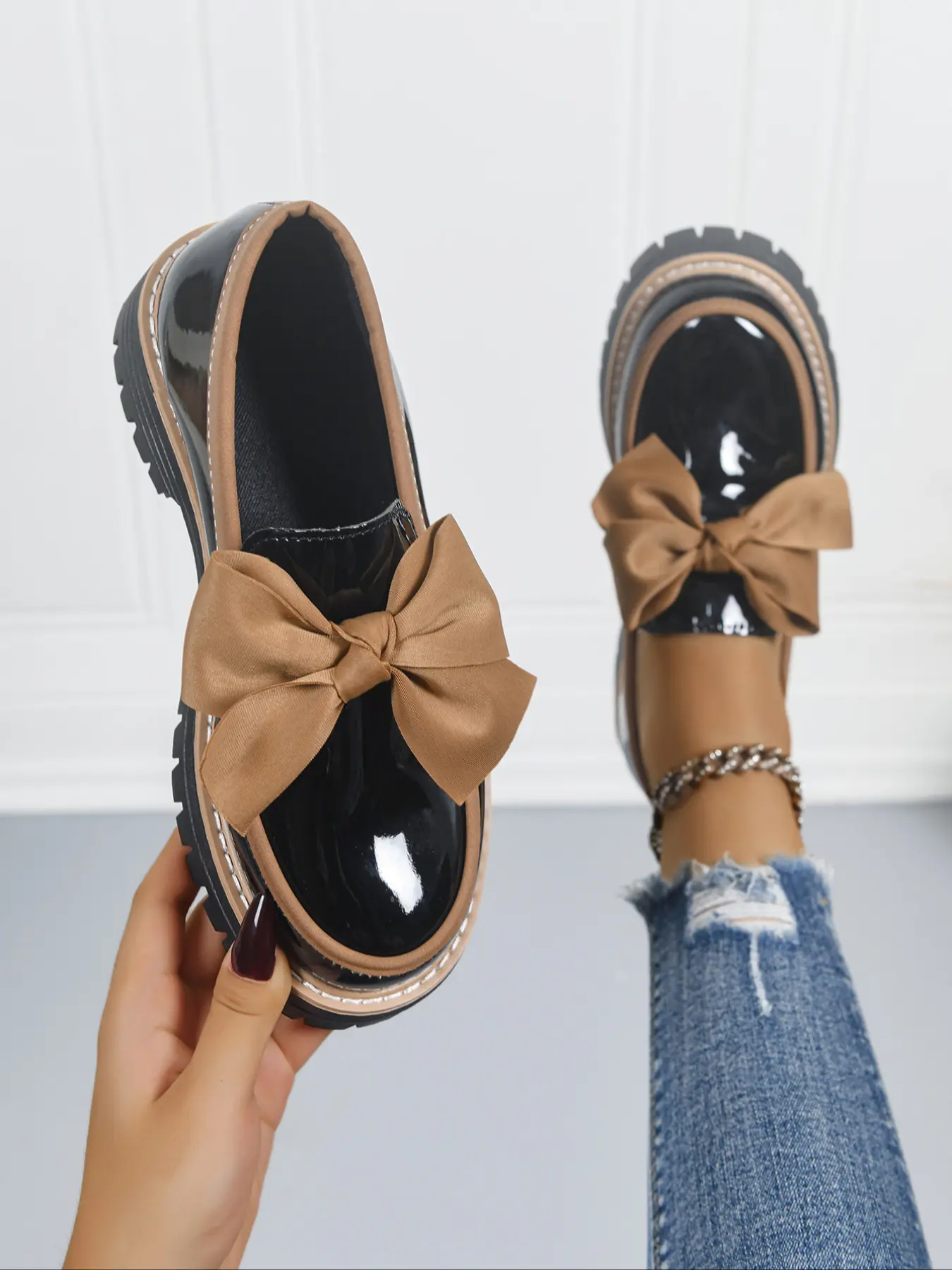 Women's Bowknot Design Loafers, Affordable Loafers, Daily Wear Shoes, Flat Walking Shoes, Spring & Fall Casual PU Leather Shoes, Plain Pattern, Less Than Ankle Height, PVC Sole