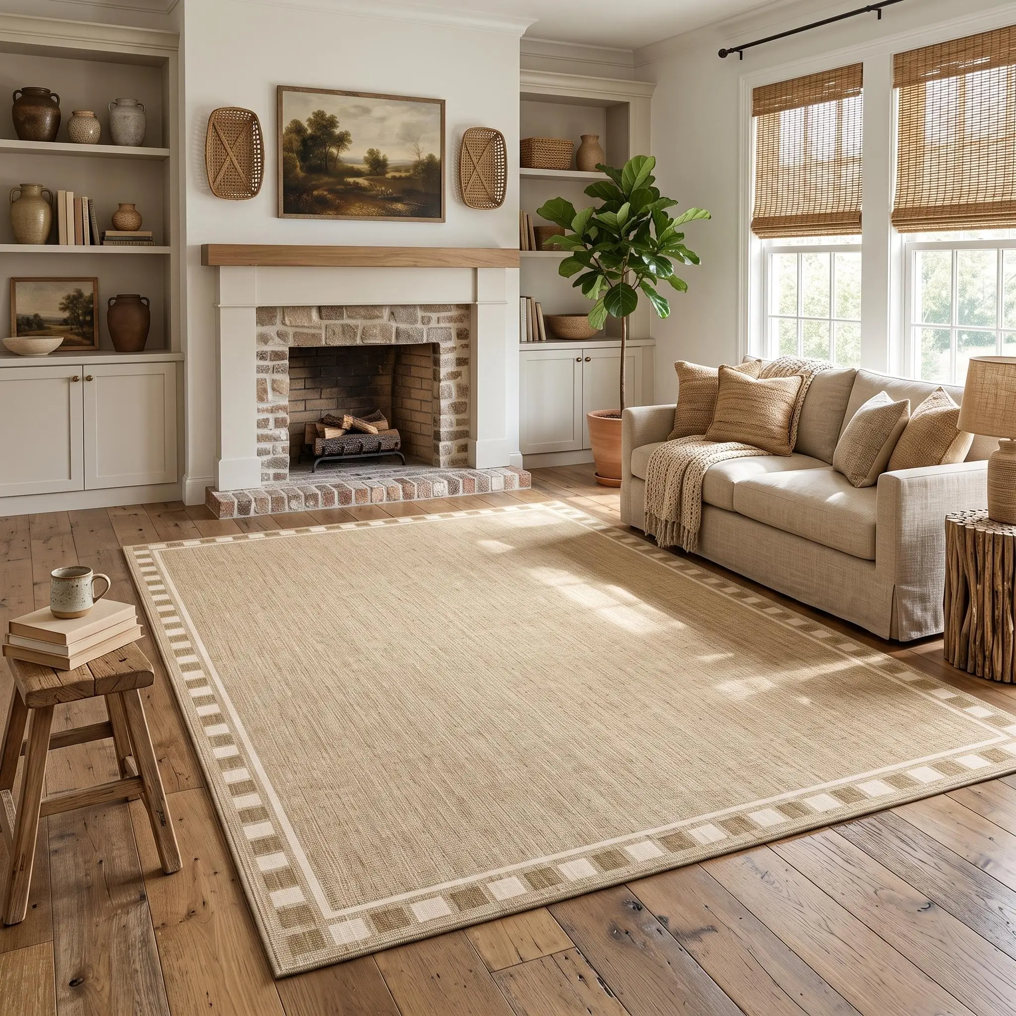 Modern Checkered Border Rug Washable Stain-resistant Non-slip Soft and Non-shedding Large-sized Foldable Solid-color Printed Rug for Living Rooms Playrooms Children's Rooms