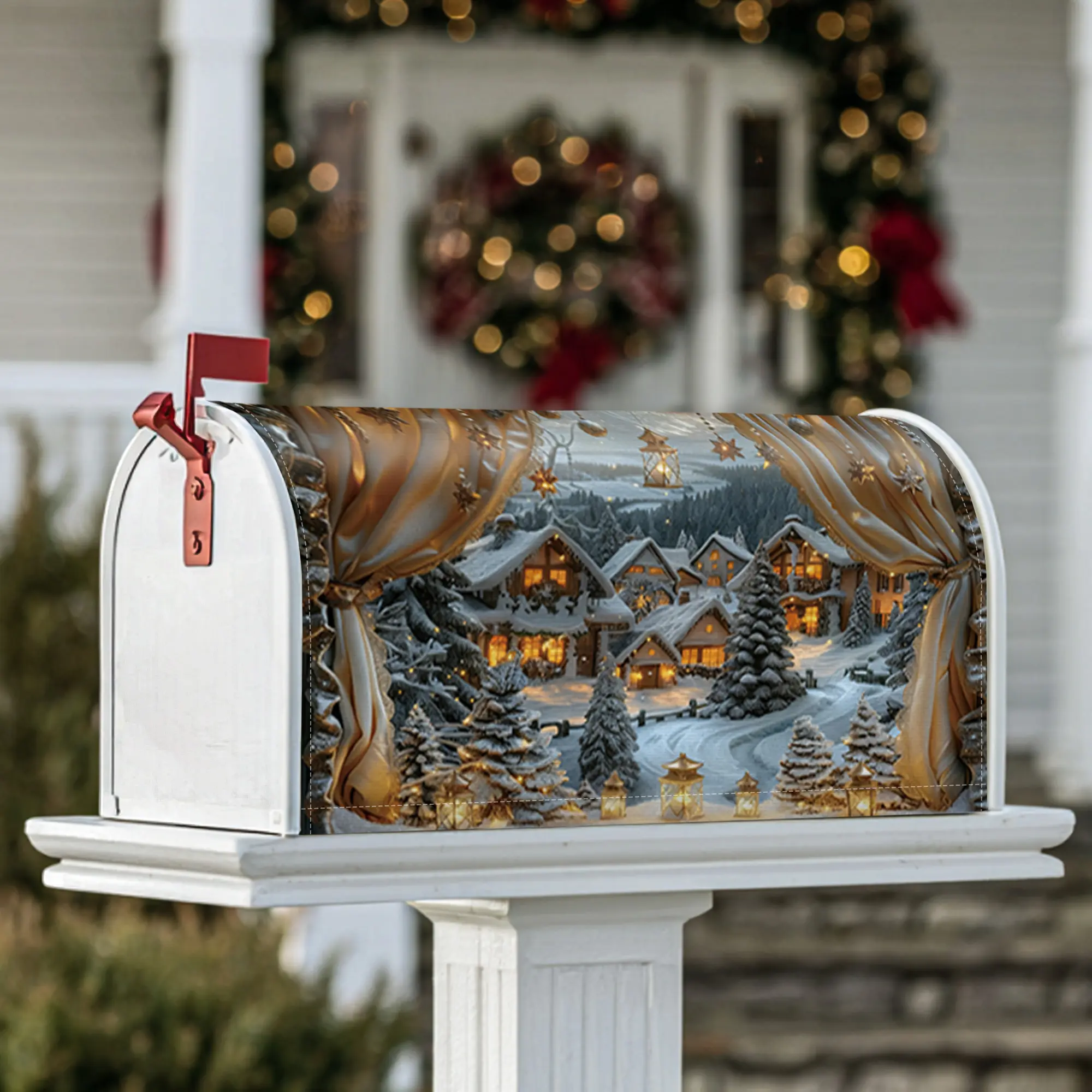 houses Magnetic Mailbox Covers, Winter festive snow trees Christmas blue Seasonal Mailbox Cover for Lawn Decoration