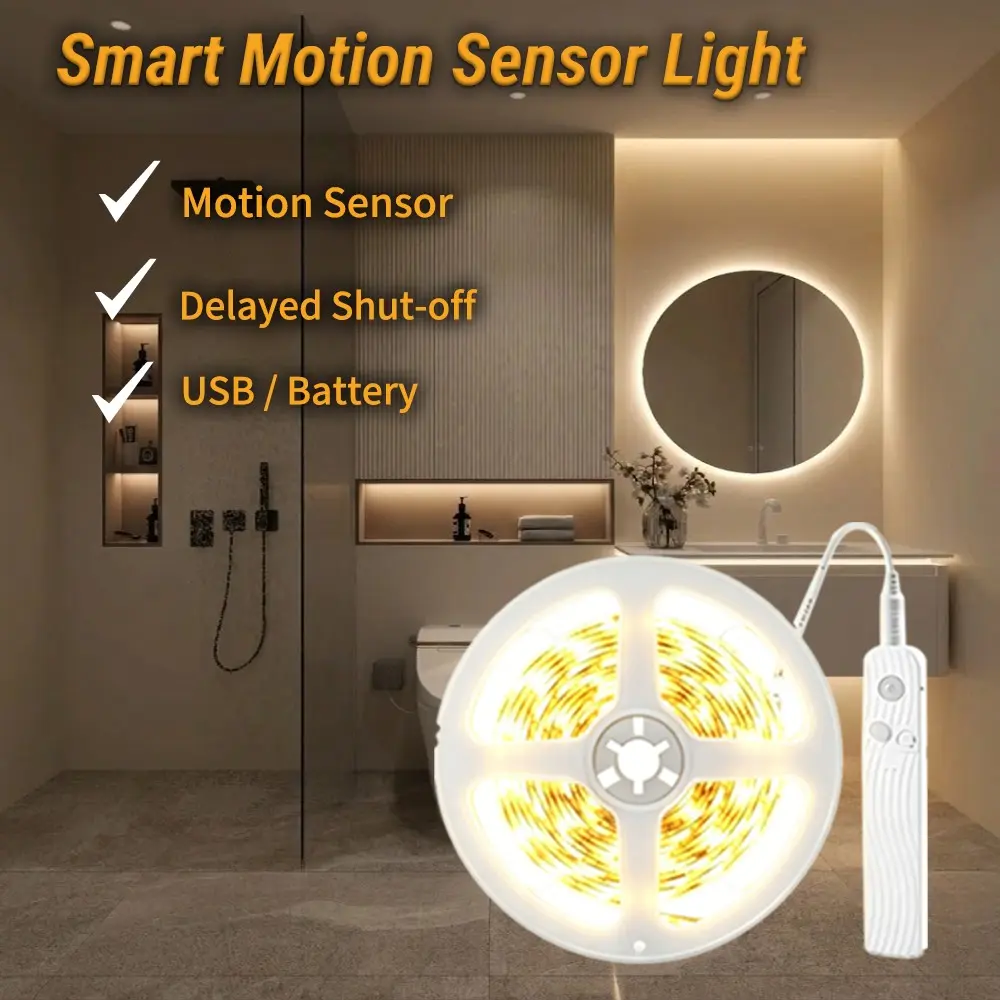 Pir Motion Sensor LED Light Strip, Warm /cool, Battery/USB Powered, Self-Adhesive Cuttable Night Light for Closet, Stairs, Bedside