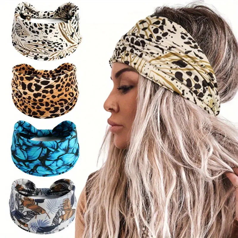 Women's Mix Color 4-Pack Leopard Print Yoga Headbands - Wool Blend, Elastic Wide Edge, Bohemian Retro Style, One Size Fits All, Workout Accessory, Yoga Wear, All Seasons Hat & Fashion Clothes Accessory