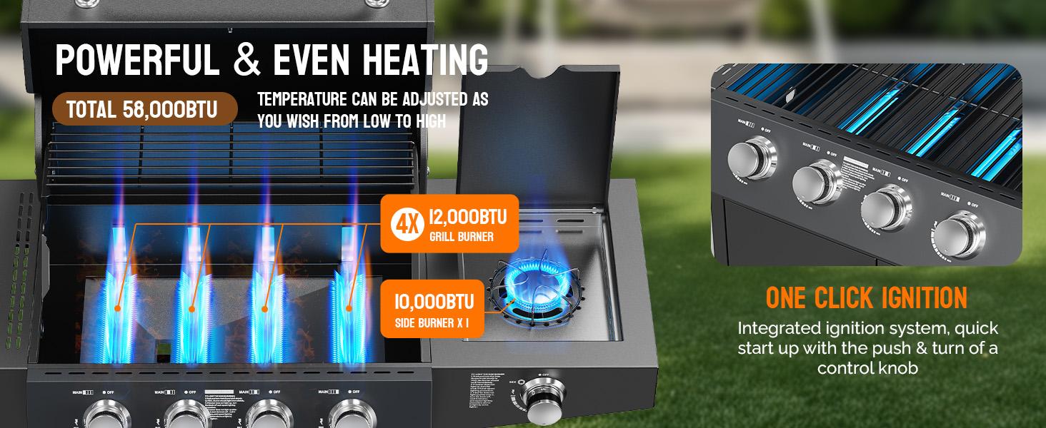 ROVSUN 4 Burner Propane Gas Grill with Side Burner, 58,000BTU BBQ Grills with Enameled Cast Iron Grates, Shelf & Cabinet for Outdoor Garden Patio Backyard Barbecue Cooking