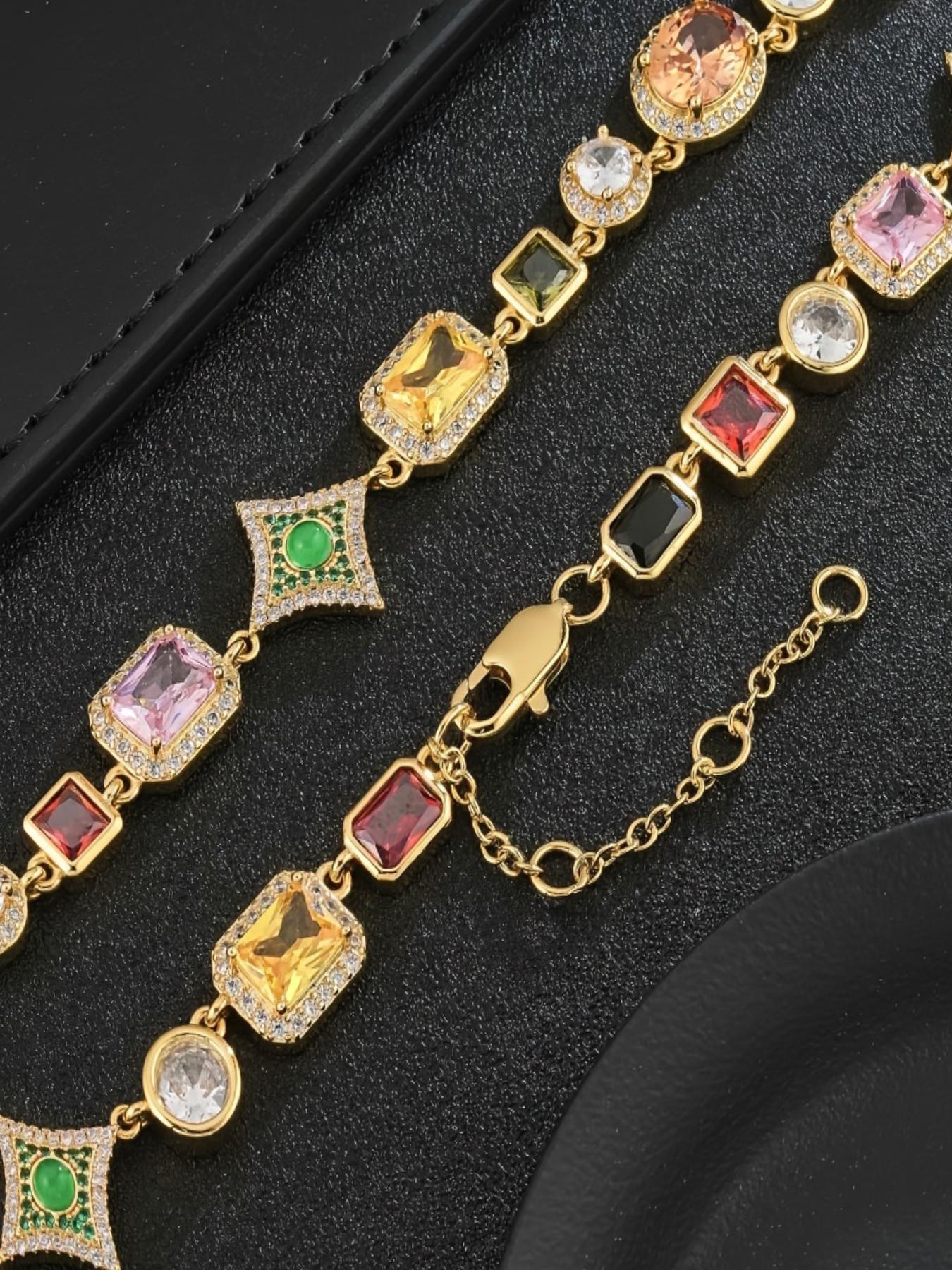 Vintage Colorful Stone Decorated Necklace, Elegant Zircon Stones Necklace for Party, Daily Clothing Decor, Trendy All-match & Exquisite Jewelry for Birthday Gift, Fashion Jewelry Accessories, Multicolor Gemstone Decorated