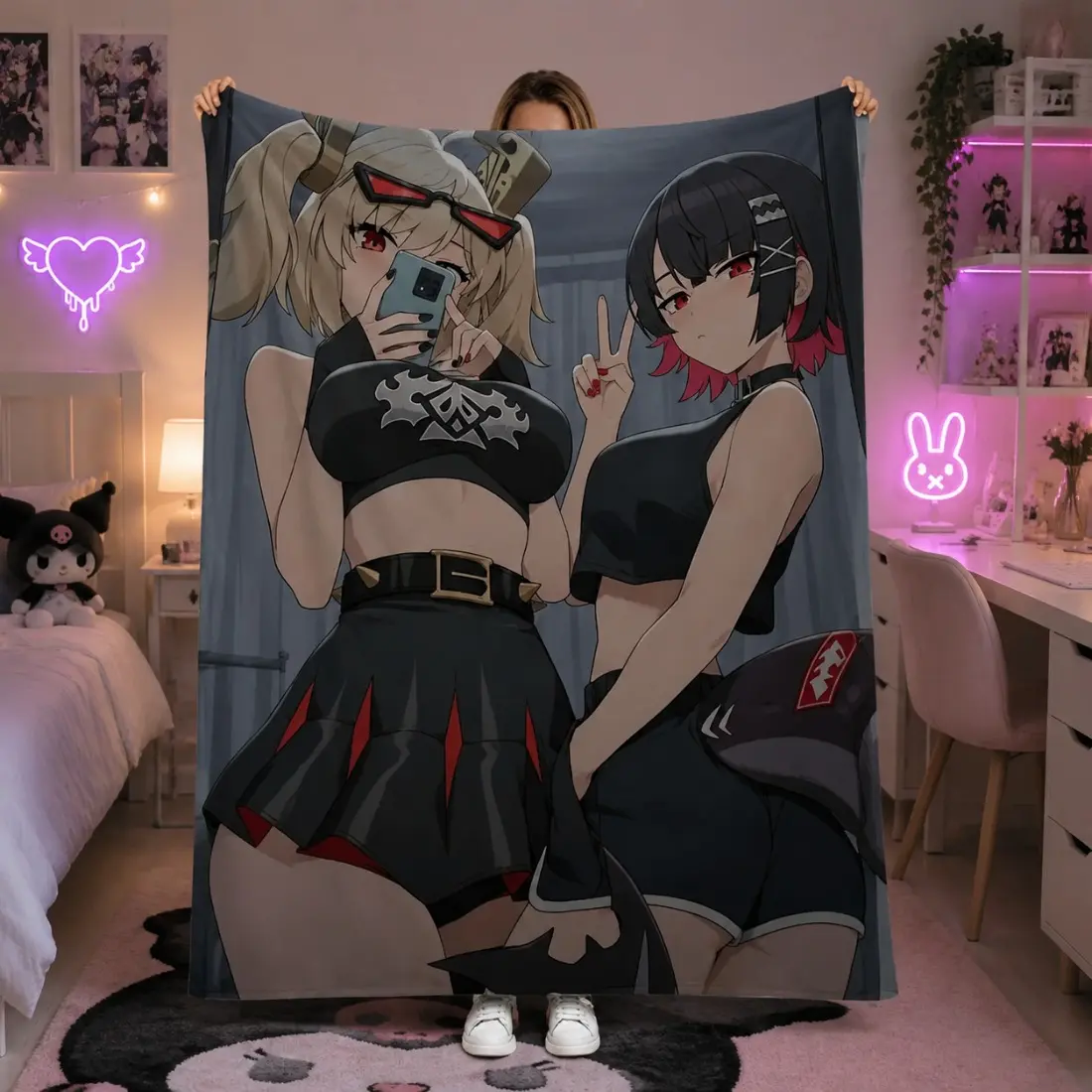 Zenless Zone Zero Anime Ellen Joe & Burnice White Print Flannel Throw Blanket, Soft Warm Cozy All Season Fleece Blanket for Sofa Camping Bedroom Decor, Perfect Birthday Christmas Holiday Gift for Gamer Anime Fans Men Boyfriend