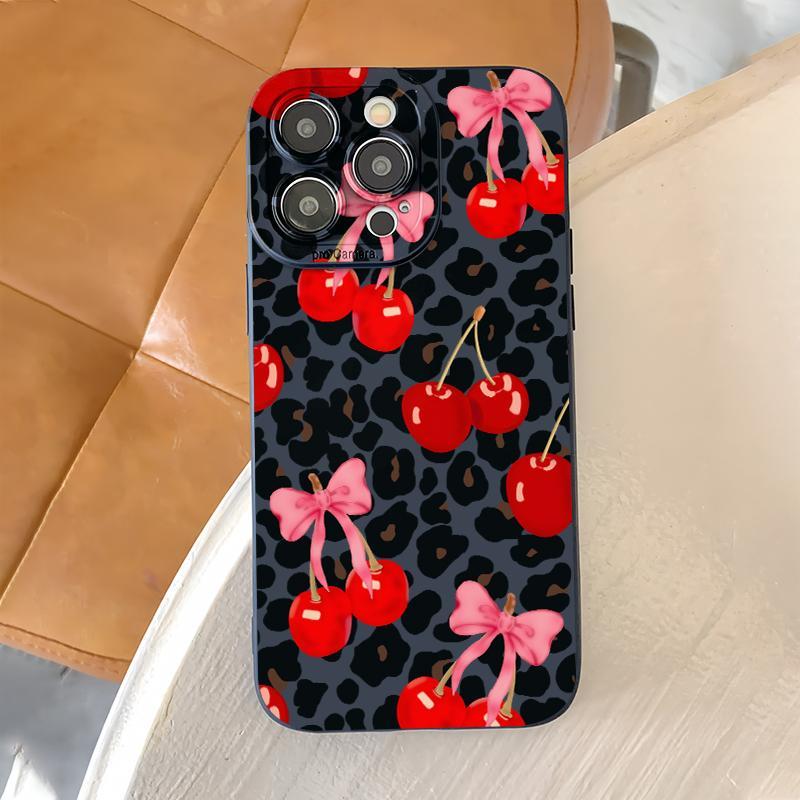 Cherry Pattern Phone Case with Charger Head Cover & Cable Protector & Storage Rope, Shockproof Phone Case for iPhone, Casing, Accessories