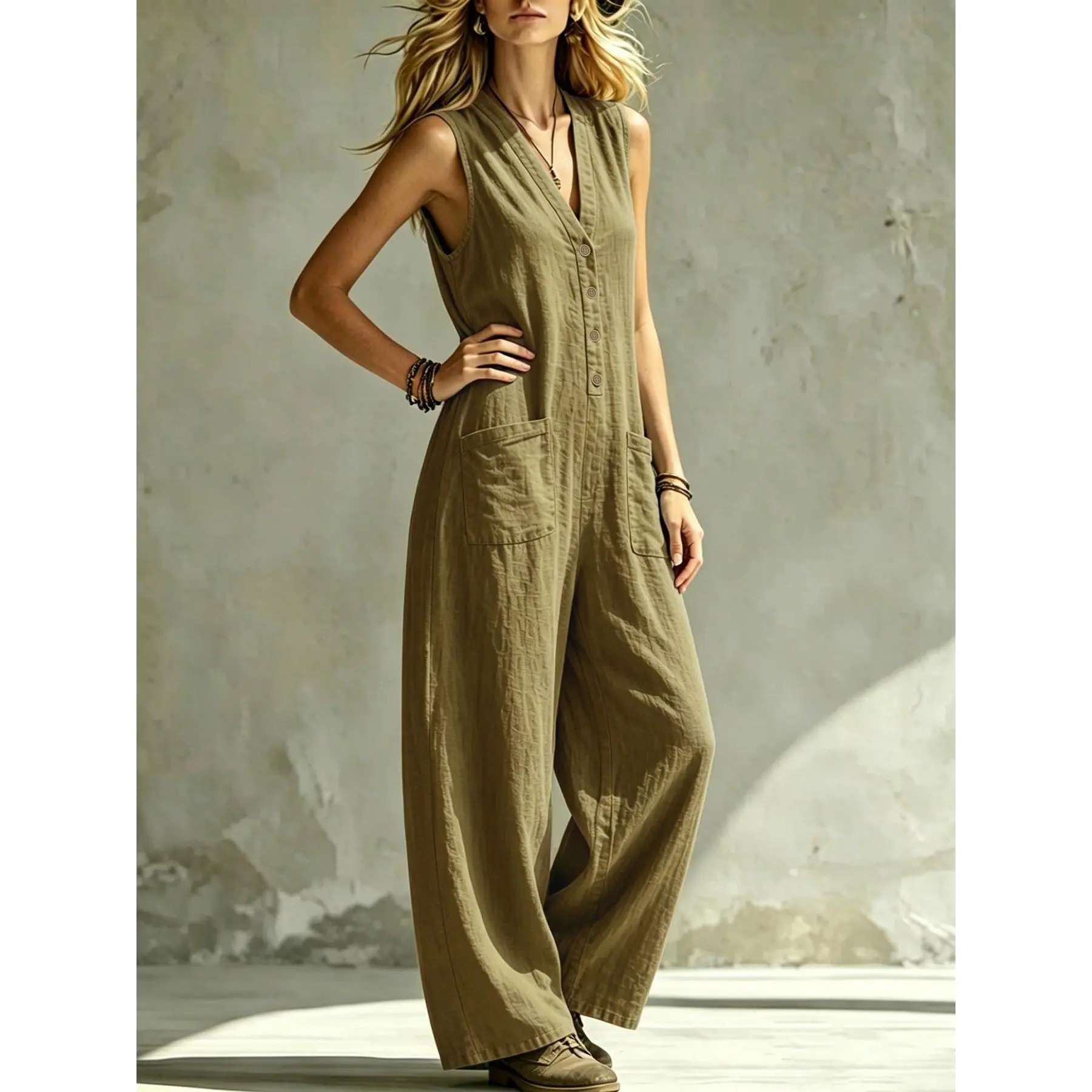 Women's Lightweight Sleeveless V-Neck Romper - Breathable Casual Comfortable Fabric Overalls, Trendy Summer Everyday Wear for Ladies, Lady, Rompers For Women, Basic