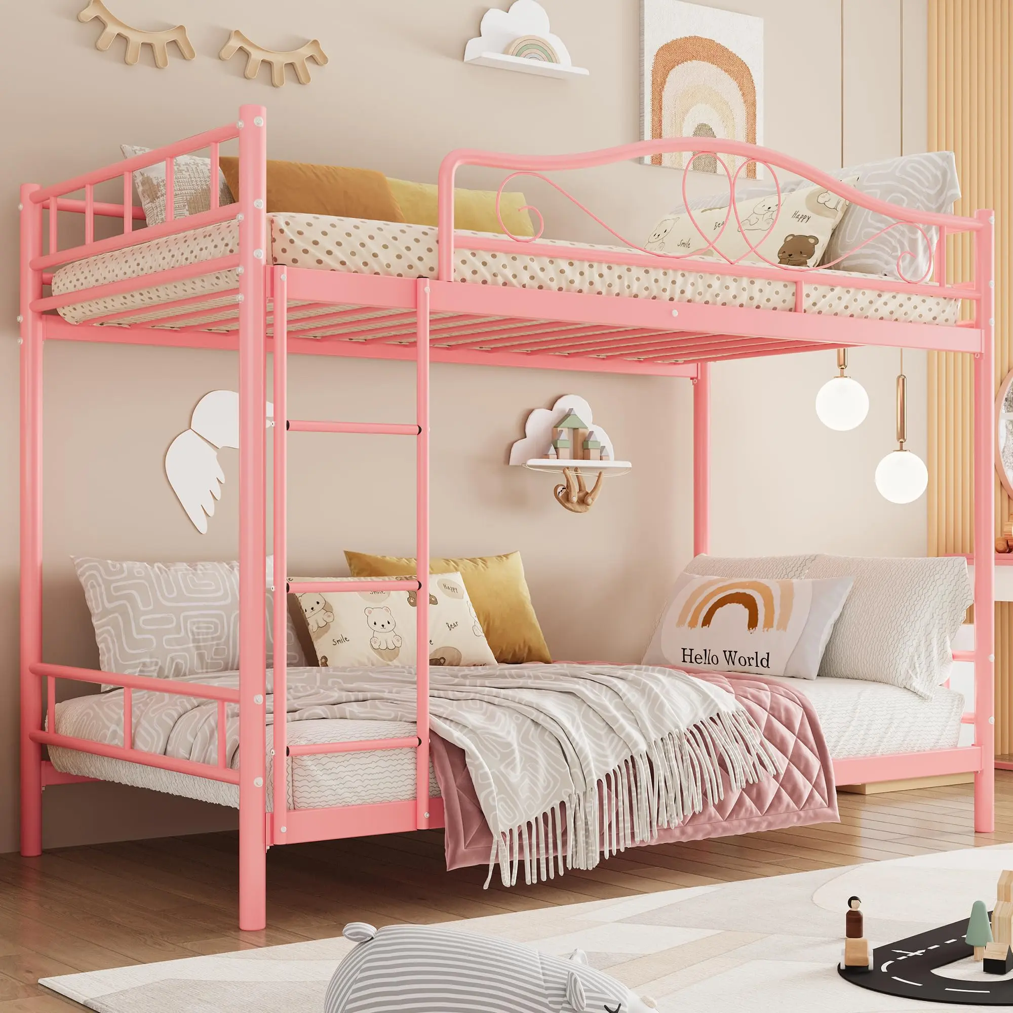 Heavy Duty Twin Over Twin Metal Bunk Bed Frame – Full-Length Safety Guardrail – Space-Saving, Noise-Free, 400 lbs Capacity – Ladder Included – No Box Spring Needed – Easy Assembly