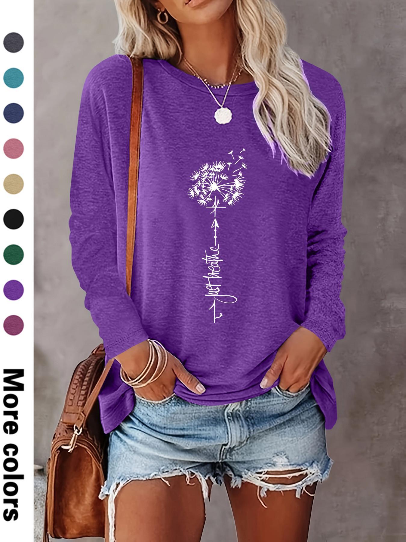 Women's Floral & Letter Print Crew Neck Tee, Fashion Casual Fitted Long Sleeve T-shirt for Daily Outdoor Wear, Ladies Clothes for Spring & Fall