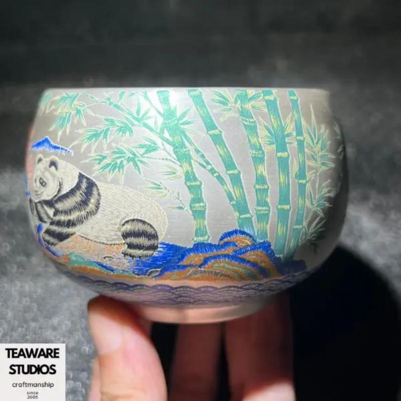Hand-Engraved Silver-Plated Tea Cup with Bamboo & Panda Patterns - Traditional Chinese Aesthetic Teacup for Tea Lovers - Unique Hand-Made Drinkware.
