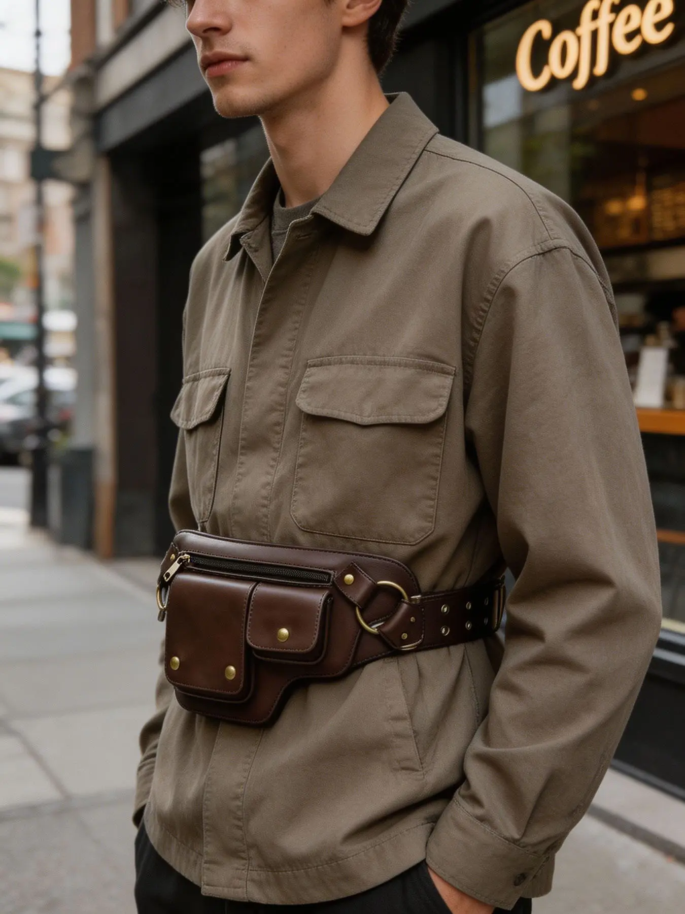 Leather Multi-Pocket Waist Belt Bag, Retro Adjustable Strap Hip Pack, Casual Streetwear Fanny Pack, Fashion Waist Packs for Everyday Carry & Outdoor Use, Waist Bags