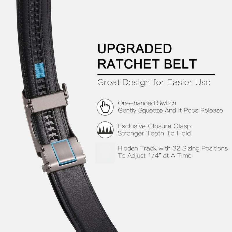 Men's Leather Belt Automatic Ratchet Buckle Slide Belt for Dress Casual Trim to Fit High-Quality Leather Strap & Alloy Buckle Classic Design