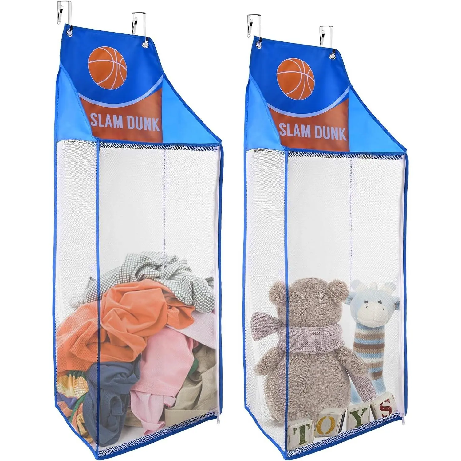 2 Pack Over the Door Laundry Hamper, Hanging Basketball Laundry Hamper with Zipper, Foldable Mesh Laundry Bakset for Dirty Cloth Toy Towel Saving Space Storage and Organization - Basketball