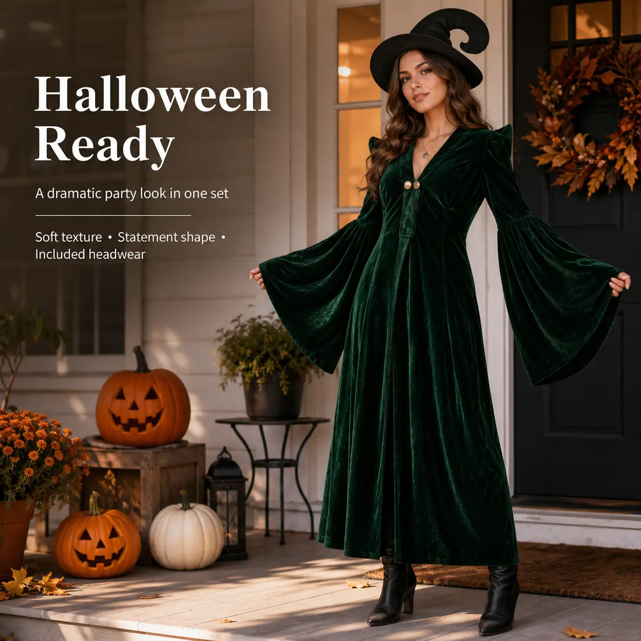 Medieval Dark Green Velvet Wizard Gown, Off Shoulder Bell Sleeve Witch Robe with Hat Halloween Party Costume