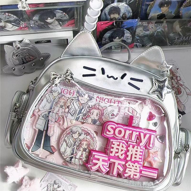 Y2K Korean Cute Cat Ita Bag Japan Kawaii PU Crossbody Bag Girls Transparent Pocket Harajuku Shoulder Bag Silver Fashion Backpack