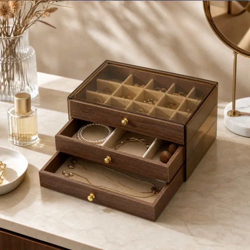Wood grain jewelry storage box, large-capacity anti-oxidation box for earrings, studs, necklaces, and rings