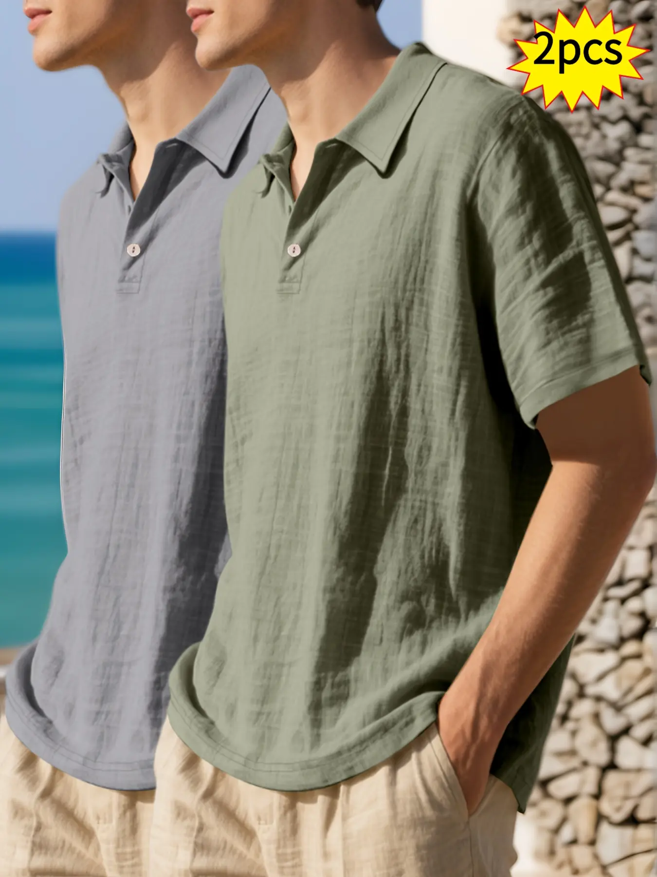 2 pieces men's pure-color linen polo shirts with buttoned lapels, Solid Polo Shirt, elegant and casual, breathable and lightweight, suitable for beach and home wear, also suitable for daily commuting and outdoor activities.