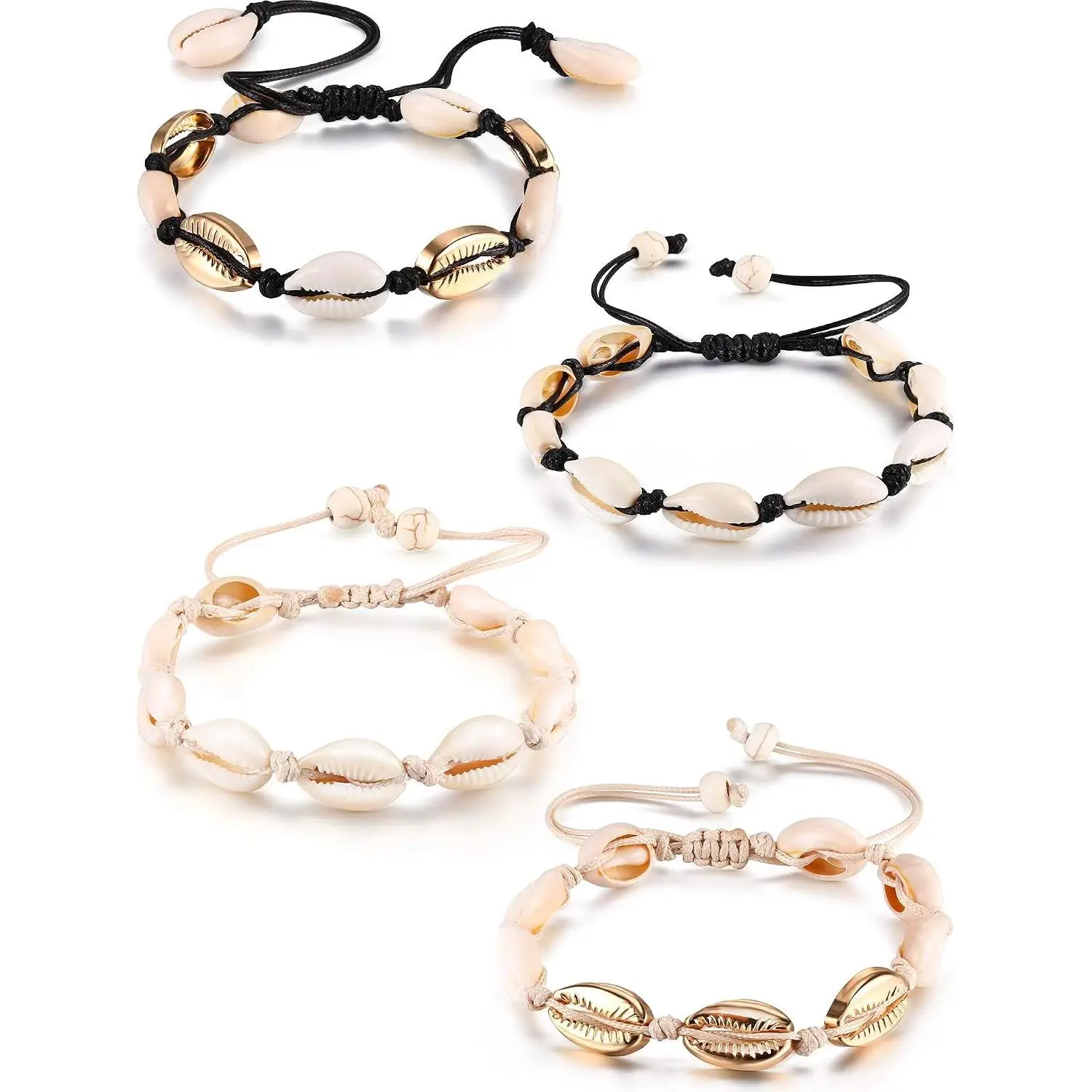 4 count Cowrie Shell Ankle Bracelets, Adjustable Crochet Anklet