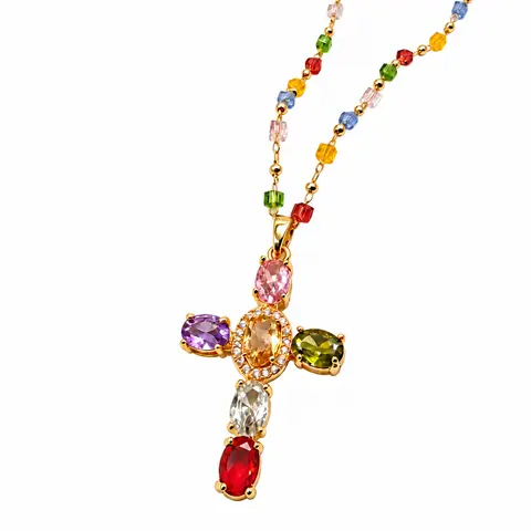 Cross Pendant Necklace with Faceted Oval Details and Beaded Chain for Faith-Inspired Styling