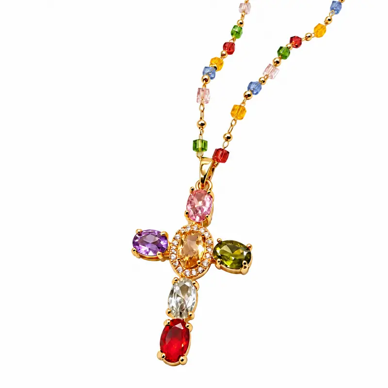 Cross Pendant Necklace with Faceted Oval Details and Beaded Chain for Faith-Inspired Styling