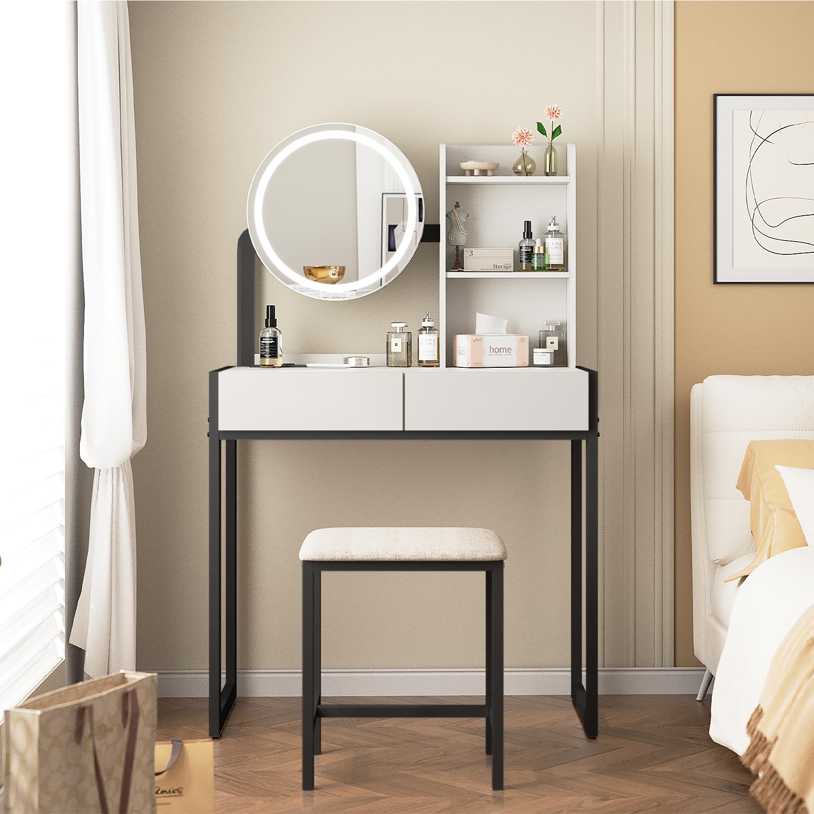 Small Vanity Desk with Mirror and Lights, Makeup Table with LED Mirror (3 Modes), Power Outlet, Drawer, Shelves & Cushioned Stool