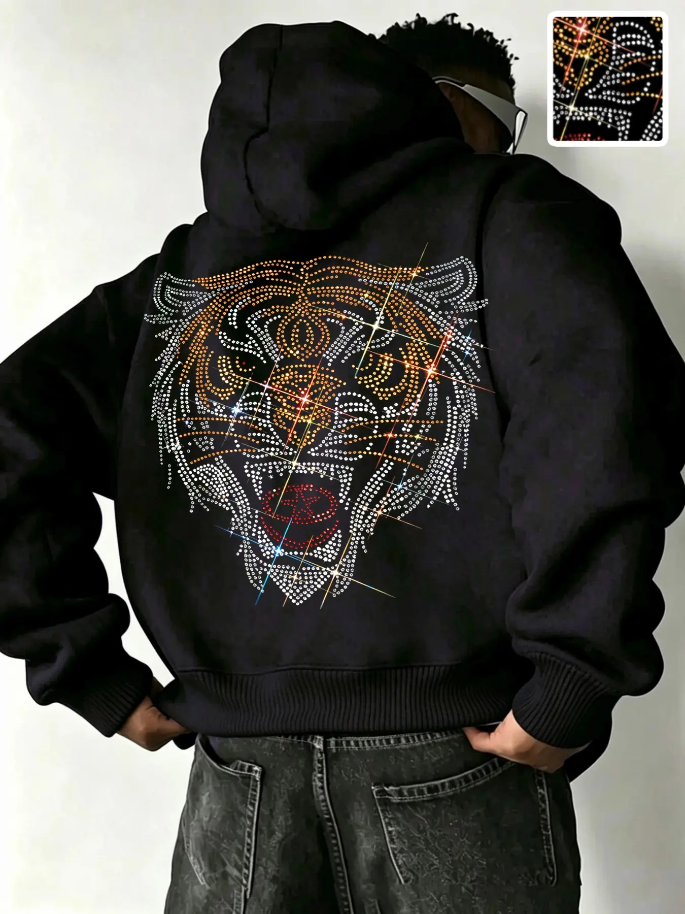 American Style Loose Tiger Head Rhinestone Hoodie, Back Silver Gold Block Full Rhinestone Tiger Print, Shimmering Starlight Rhinestone Craft, Men's High Street Hip Hop Pullover Hoodie