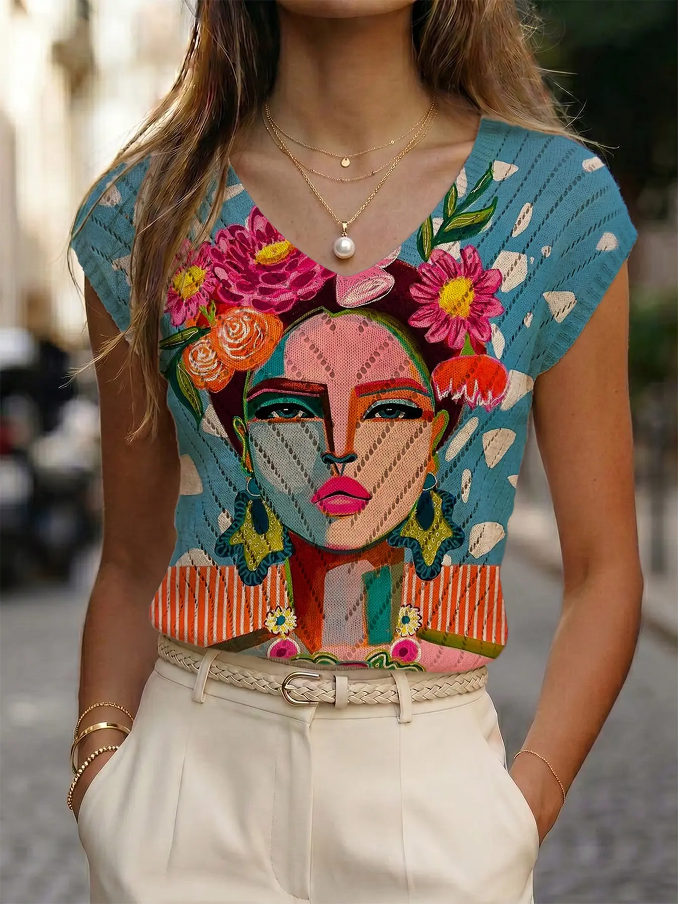 Casual V-Neck Sleeveless Knit Top, Face Print Floral Hollow Out, Four Seasons Women's Fashion, Summer, Travel Wear