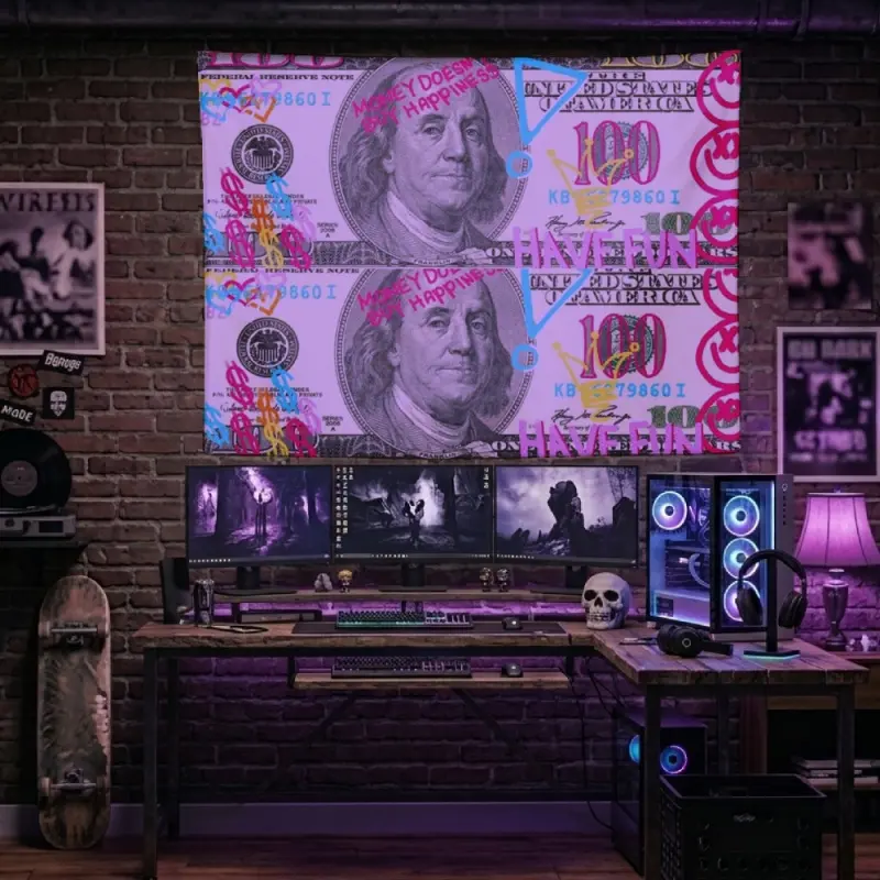 Funny Graffiti One Hundred Dollar Bills Tapestry Neon Pink Smile Face Money Cash Pattern Wall Hanging Hustle Bedroom Gaming Room Decor Dorm Background Banner