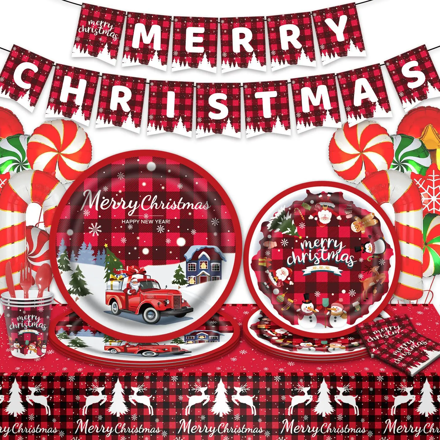 Christmas Party Supplies Set, Buffalo Plaid Christmas Tree Disposable Plates Napkins Forks, Winter Holiday Dinner Banner Included
