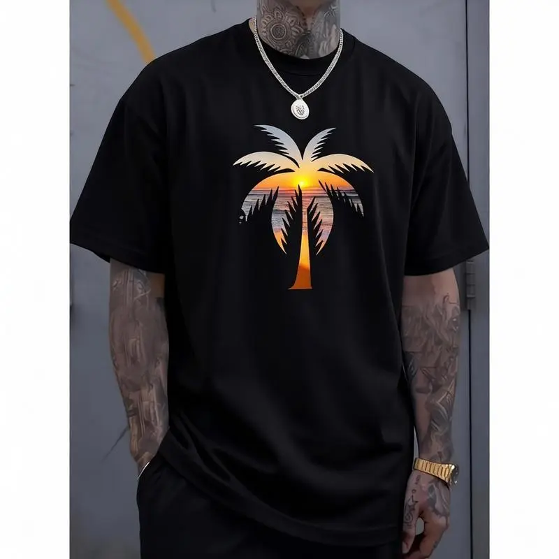 Men's Graphic T-Shirt with Aloha Sunset Print, Casual Summer Crew Neck Tee in 100% Cotton, Regular Fit, Tops, Casual Wear, Classic, Comfy, Basic, Shortsleeve, Round Neck, Menswear, Tshirt, Double Stitching