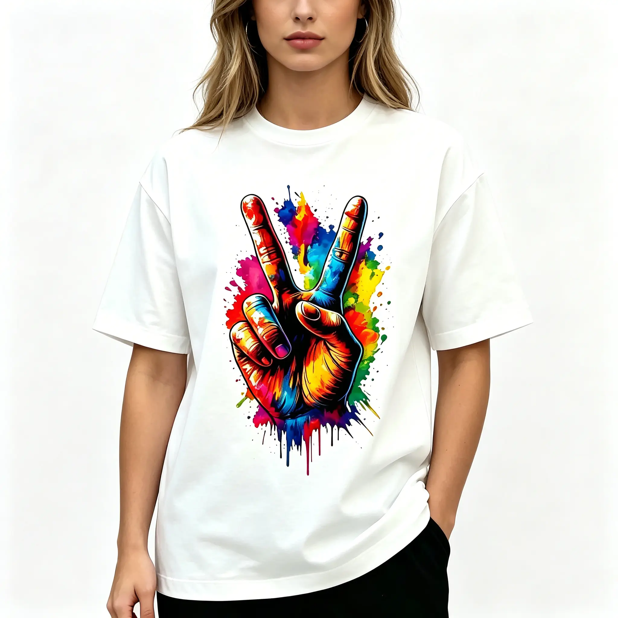 Rainbow Peace Hand Street Art Graphic Unisex Tee |   All-Season Breathable Top