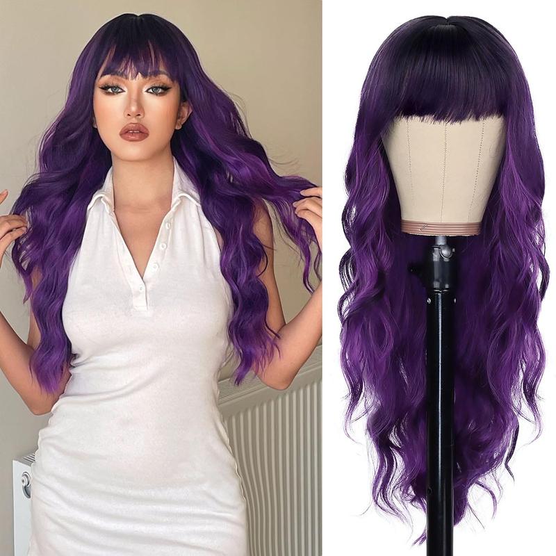 Purple Wig With Bangs Black and Purple Wigs for Women Long Curly Wavy Wig with Dark Roots Heat Resistant Synthetic Ombre Wigs for Women Daily Party Use (26 Inches)