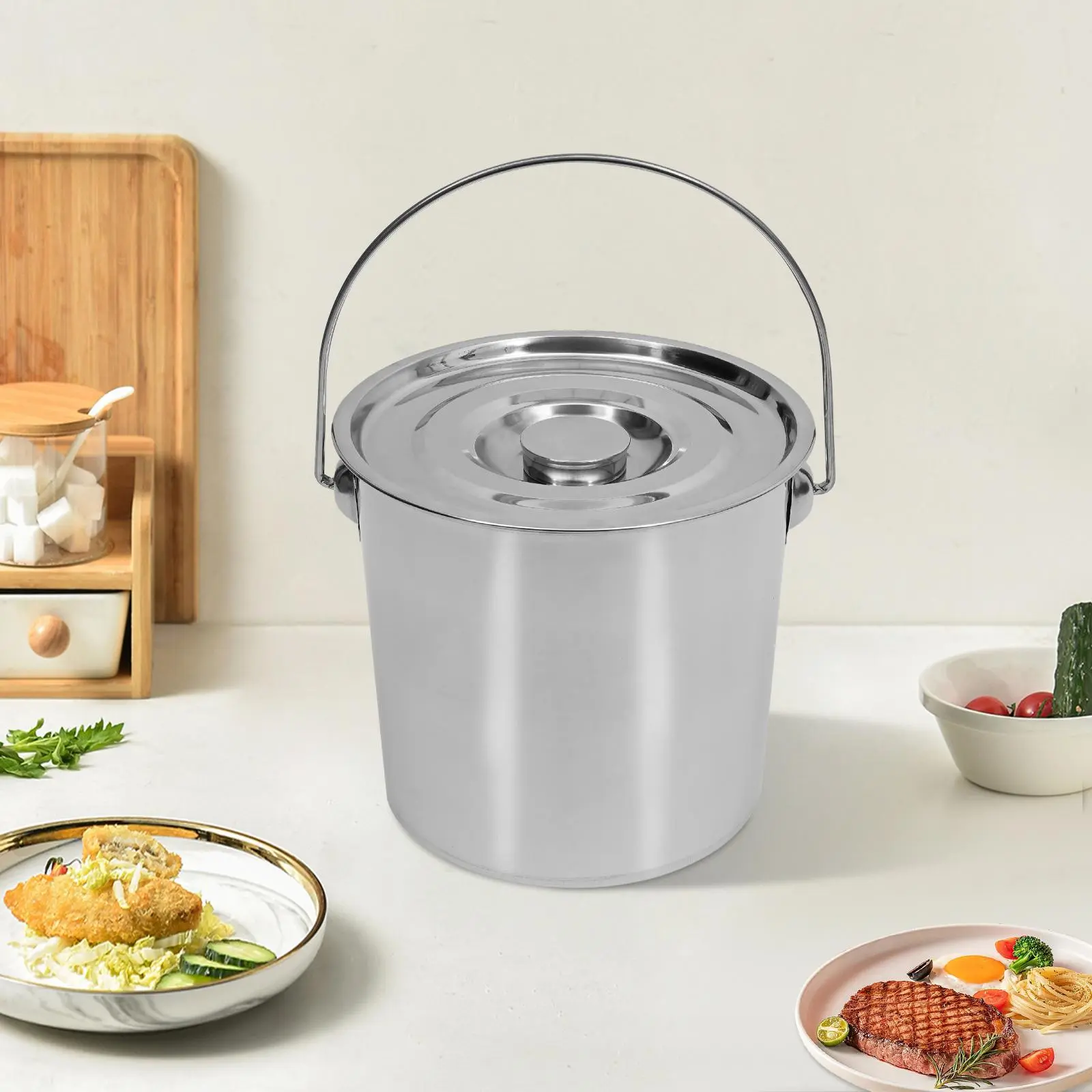 304 Stainless Steel Bucket with Lid - Stainless Steel Handled Pail Bucket High Polished Stainless Steel Wine Ice Bucket Kitchen Bin Food Bucket Water Bucket with Handle for Commercial Home Use Storage Cover