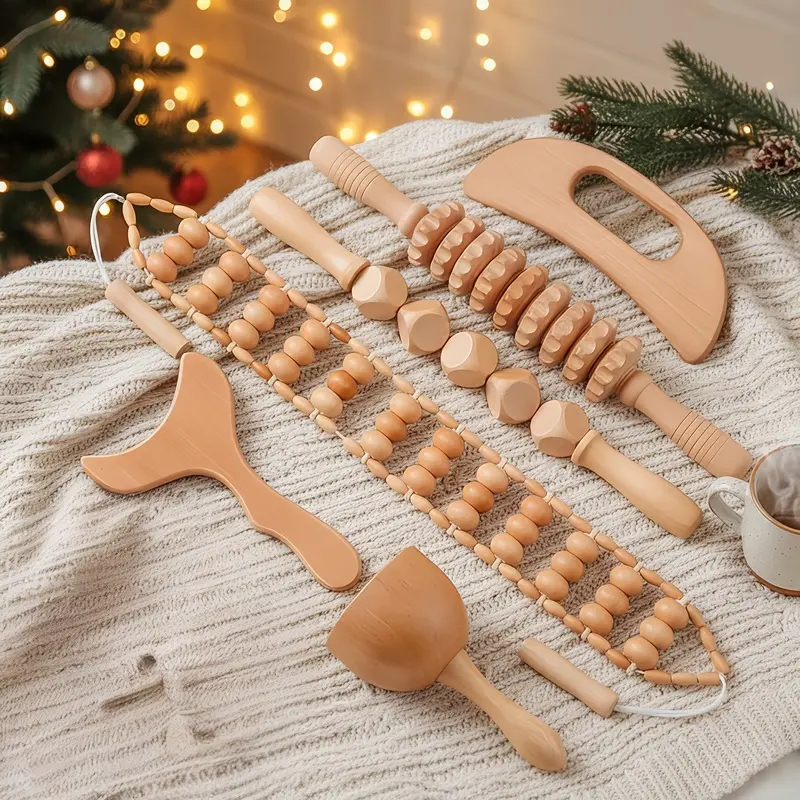 Set of 6 wooden facial massage tools, manual facial massage kit, with wooden rollers, pointed tips, beads, and textured heads, suitable for full-body relaxation and health, body massage tools