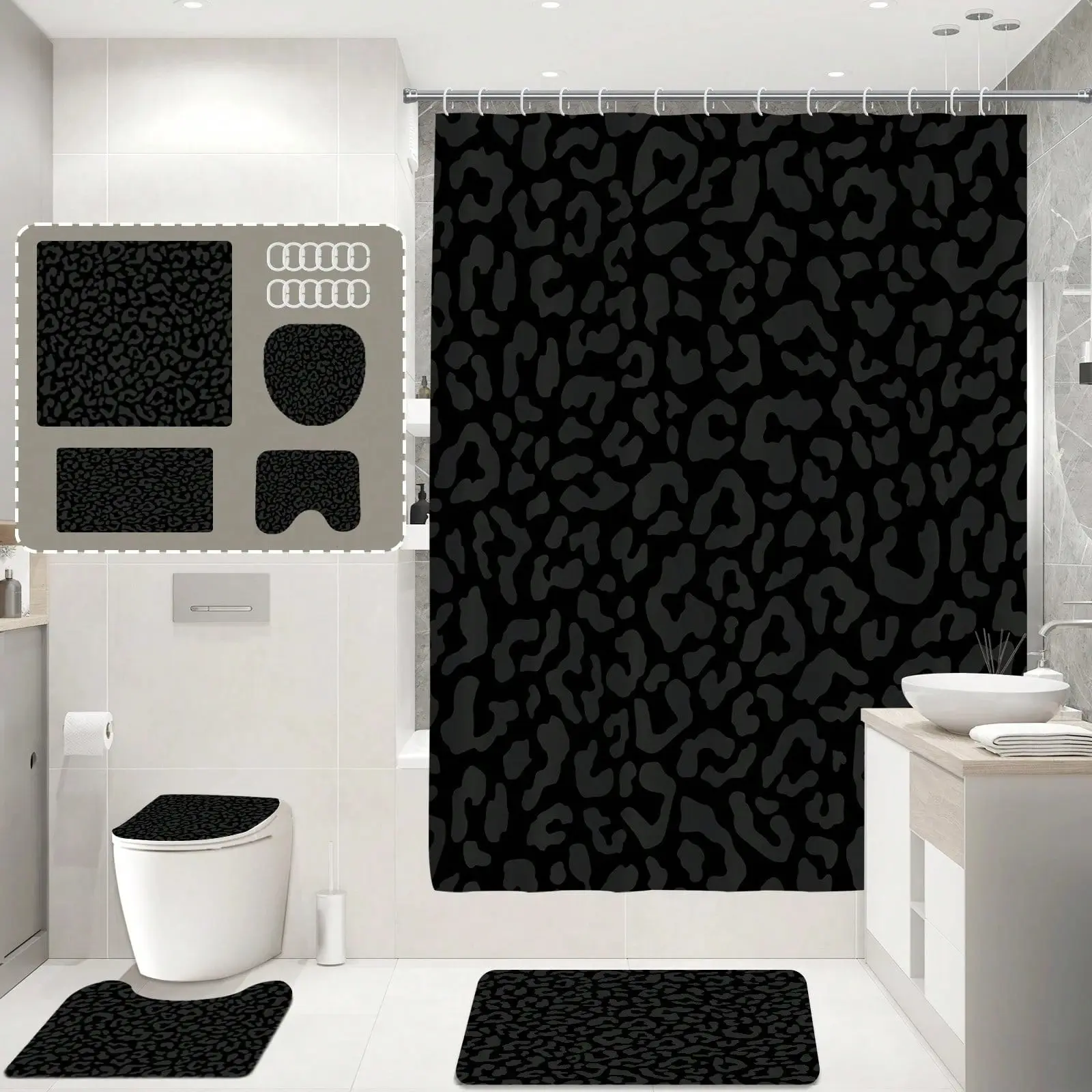 4PCS Leopard Pattern Print Shower Curtain Set, Stylish Bathroom Decoration, Soft Fabric Shower Curtain, Toilet Lid Cover Pad, Bathroom Non-Slip Bath Mat, 12 Plastic Hooks, 70x70 Inches