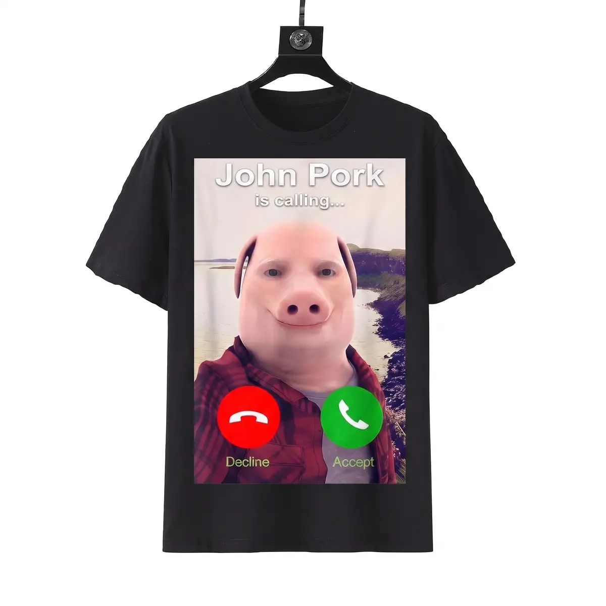 Funny John Pork Incoming Call Print T-Shirt, Trendy Internet Meme Humor T-Shirt, Casual Loose Top, Novelty Party Gift Unisex T-Shirt
