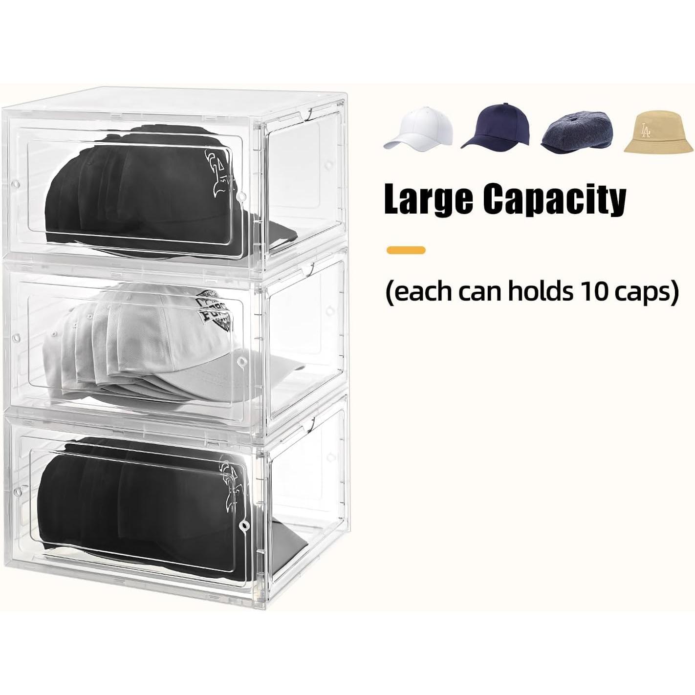 Hat Organizer Box,Stackable Clear Baseball Caps Holder Box Containers with  Door for Hats Snapback Cap Storage,Clear Hat Storage with  Door, Holds 60 Hats(clear, 6 pack)