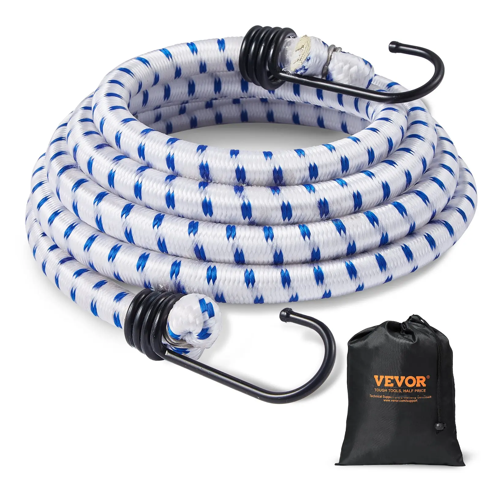 【DealsForYouDays】VEVOR 6 Piece Bungee Cords with A3 Steel Hooks, 72 Inch Heavy Duty Bungee Straps, 12 mm Elastic Bungee Ropes Set for Camping, Tarps, Motorcycle, Truck and Tent, White with Blue Stripes