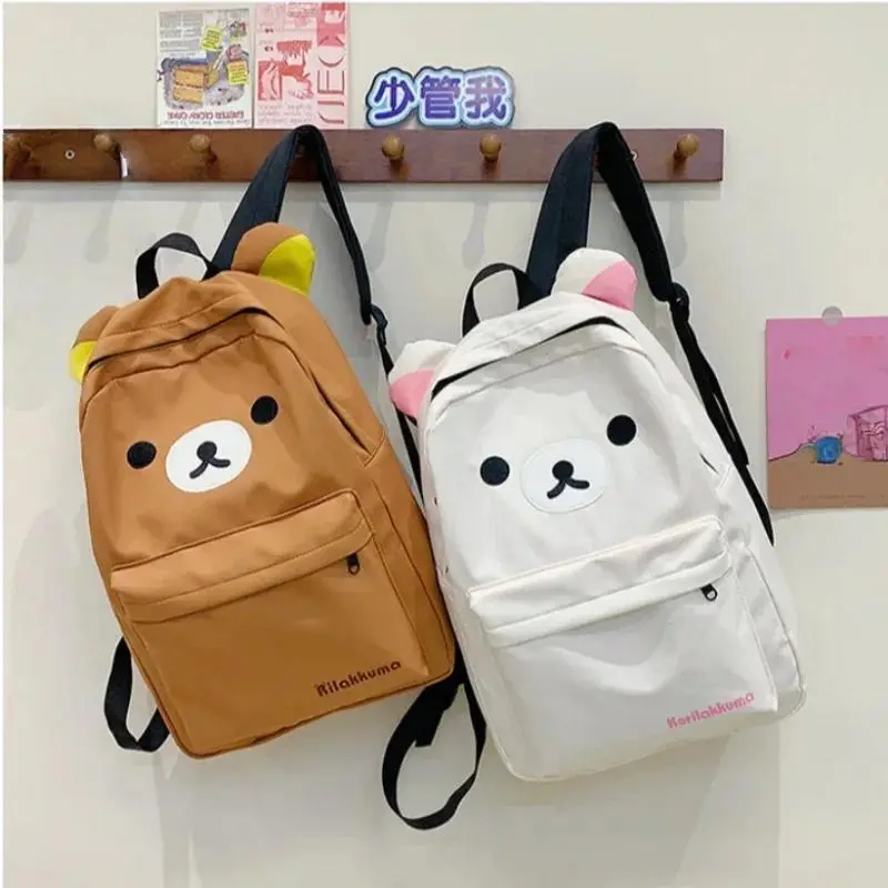 Cartoon Kawaii Rilakkumas Backpack Korilakkuma Embroidery Waterproof Nylon Backbag Large Capacity Practical And Cute Schoolbag