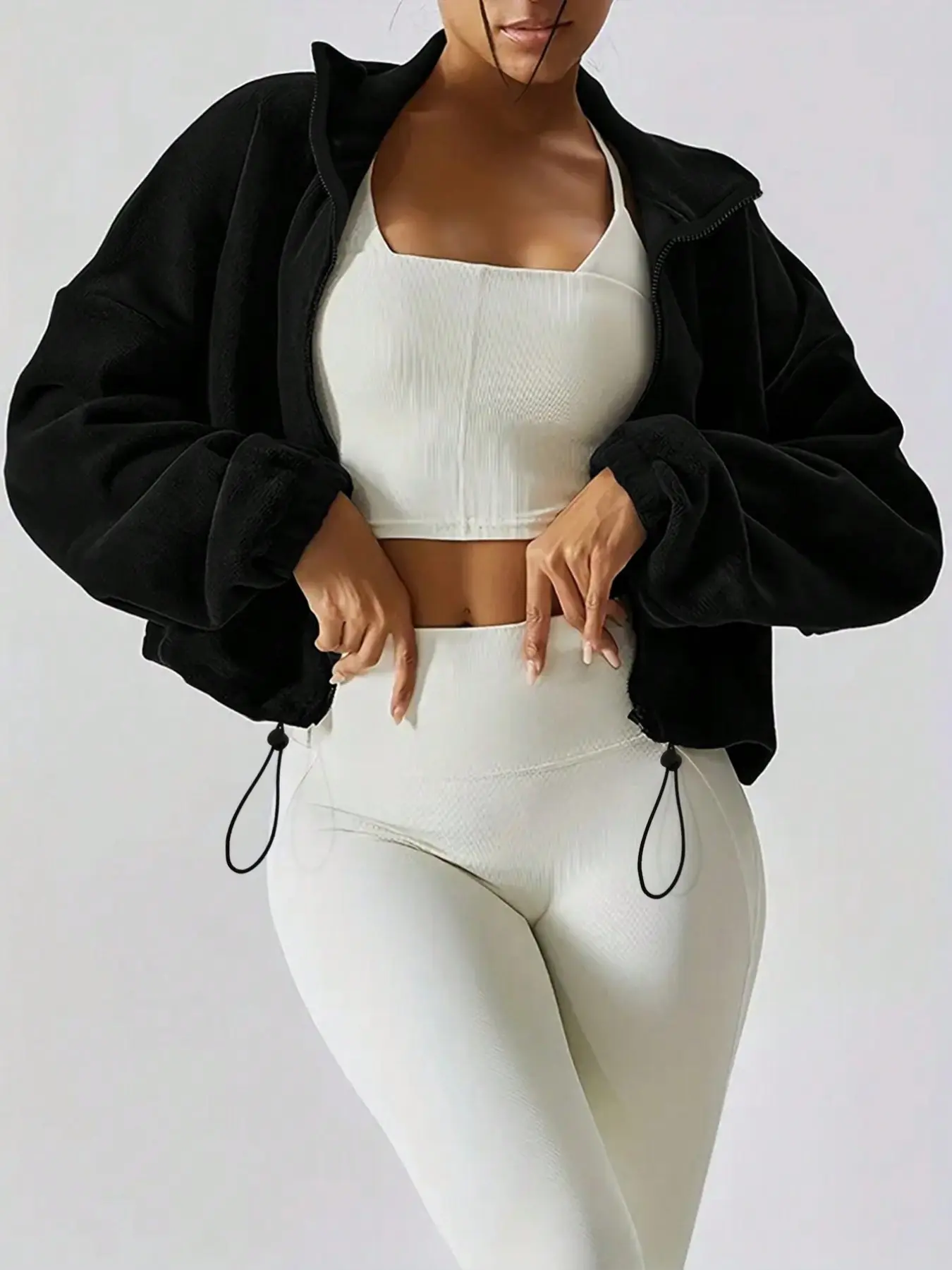 Women's Black Fleece Zip Up Drawstring Hem Adjustable Cropped Jacket, Casual Athleisure Streetwear, Soft Oversized Long Sleeve Outerwear Tops for Gym, Daily Walk & Layering Outfits, 2026 Trendy Women's All Season Versatile Sport Coat